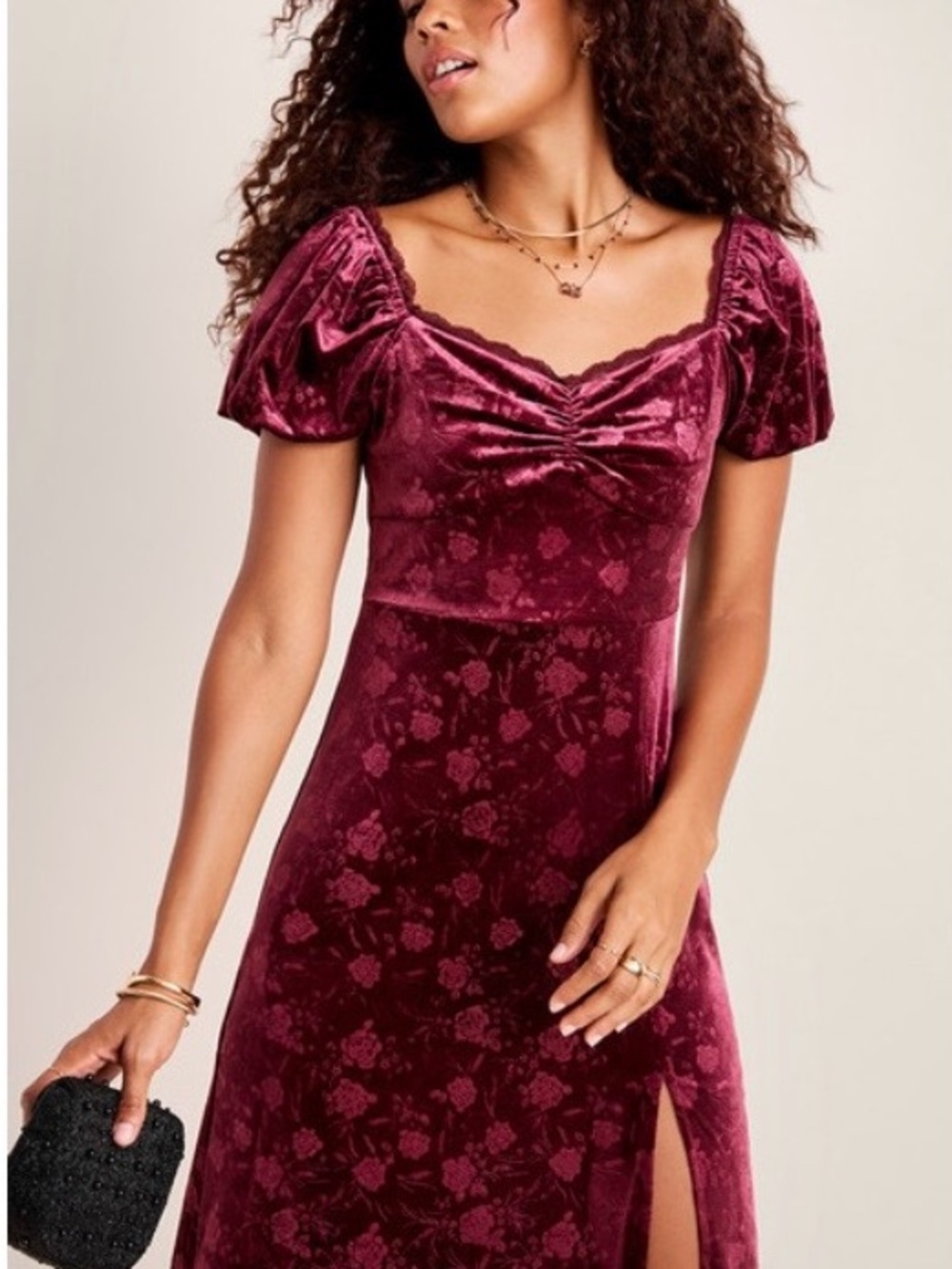 Francesca's Collections Wine Velvet Floral Midi Dress